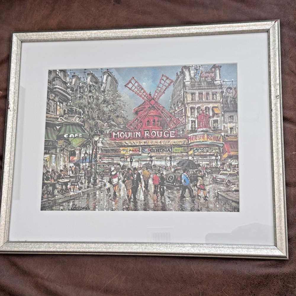 Vintage Jacques Chardron Framed French Art Print Paris City View Moulin Rouge